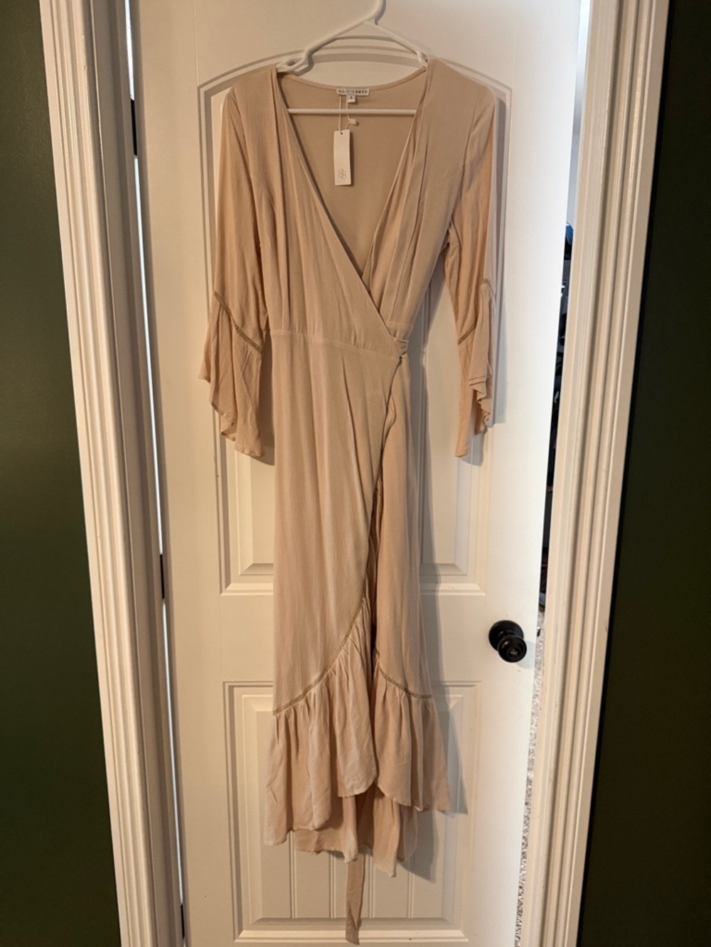 Baltic Born Nude Beige Wrap Maxi Dress with Ruffle Hem